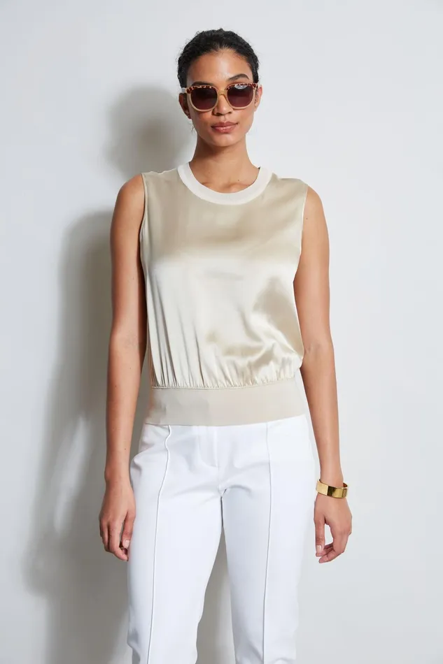 Outlet 8211 Women Tops Elie Tahari Silk Satin Rib Shirt Driftwood
