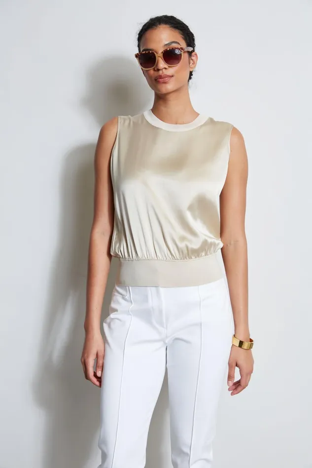 Outlet 8211 Women Tops Elie Tahari Silk Satin Rib Shirt Driftwood