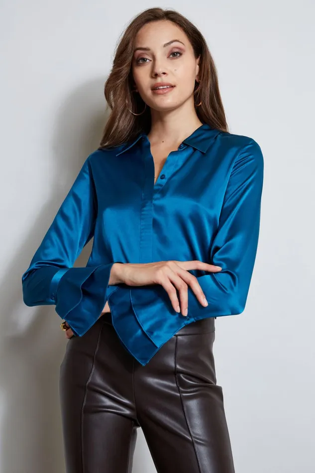 Outlet 8211 Women Tops Elie Tahari Silk Satin Ruffle Cuff Teal