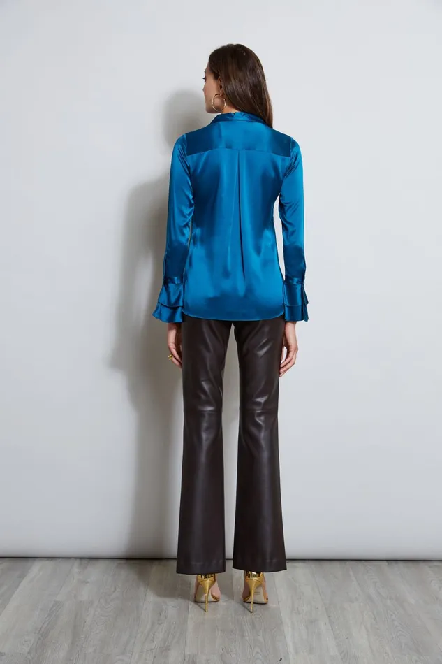 Outlet 8211 Women Tops Elie Tahari Silk Satin Ruffle Cuff Teal