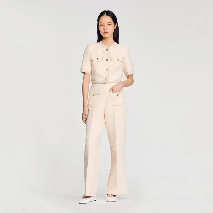 Pants and Shorts Women SANDRO Decorative Tweed Trousers Ecru Pink