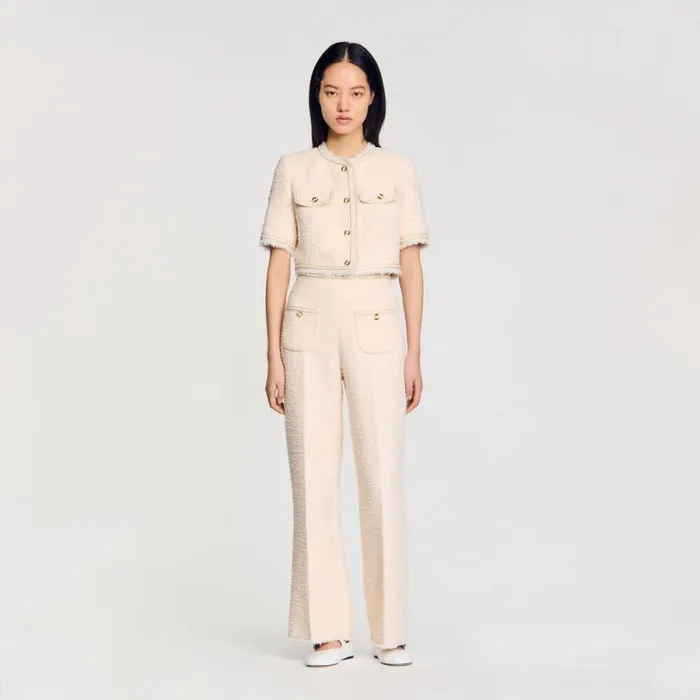 Pants and Shorts Women SANDRO Decorative Tweed Trousers Ecru Pink