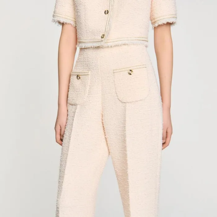 Pants and Shorts Women SANDRO Decorative Tweed Trousers Ecru Pink