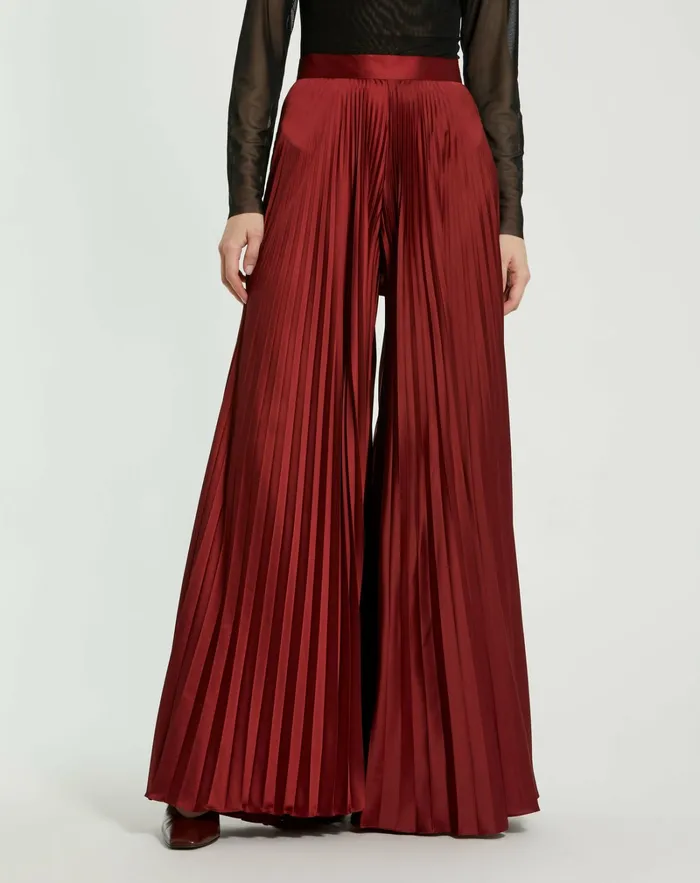 Pants Mac Duggal Women Pleated Charmeuse Wide Leg Pants Oxblood