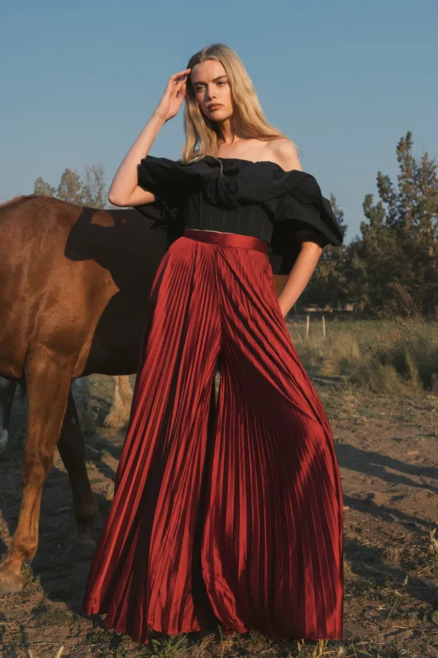 Pants Mac Duggal Women Pleated Charmeuse Wide Leg Pants Oxblood