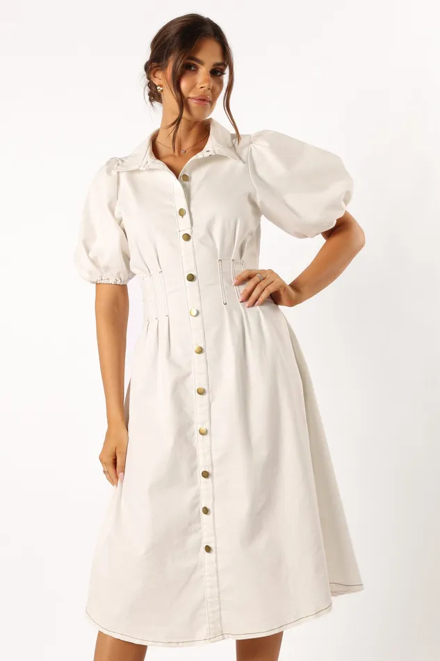 petalandpup Sollie Puff Sleeve Midi Dress 8211 White White Women Denim
