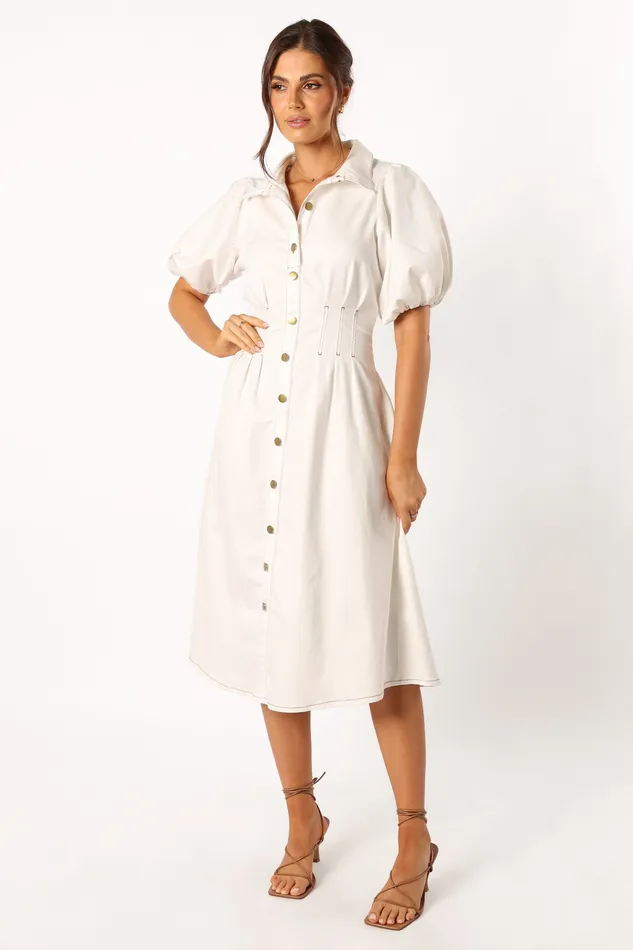 petalandpup Sollie Puff Sleeve Midi Dress 8211 White White Women Denim