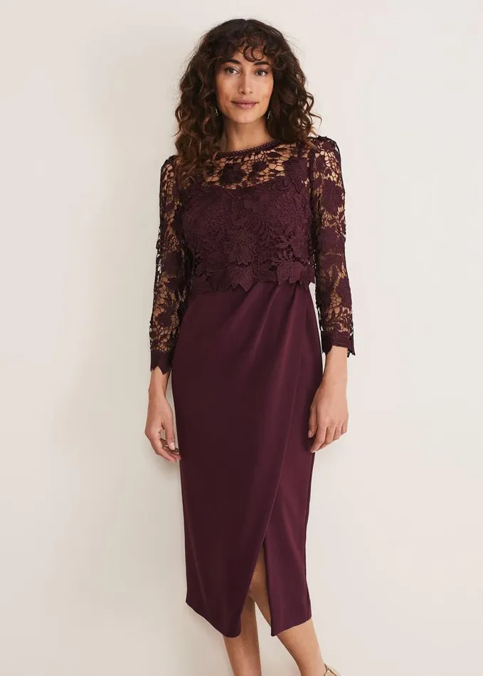 Phase Eight Adeline Double Layer Lace Dress Dark Plum Women Dresses