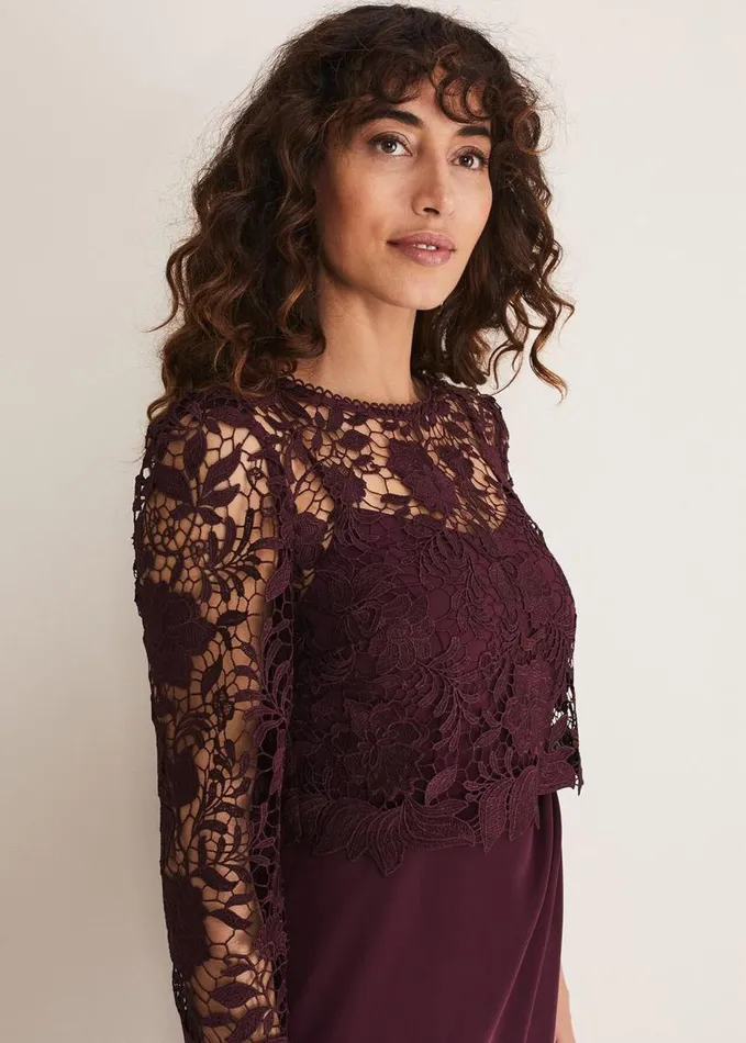 Phase Eight Adeline Double Layer Lace Dress Dark Plum Women Dresses