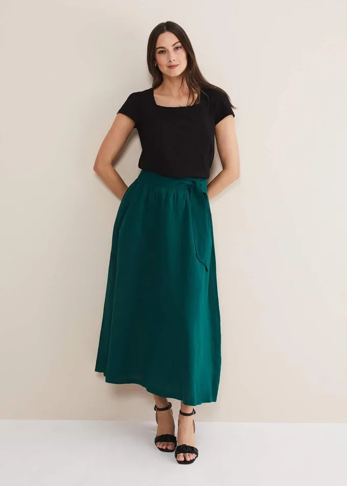 Phase Eight Amorette Linen Belted Maxi Skirt Jade Women Skirts