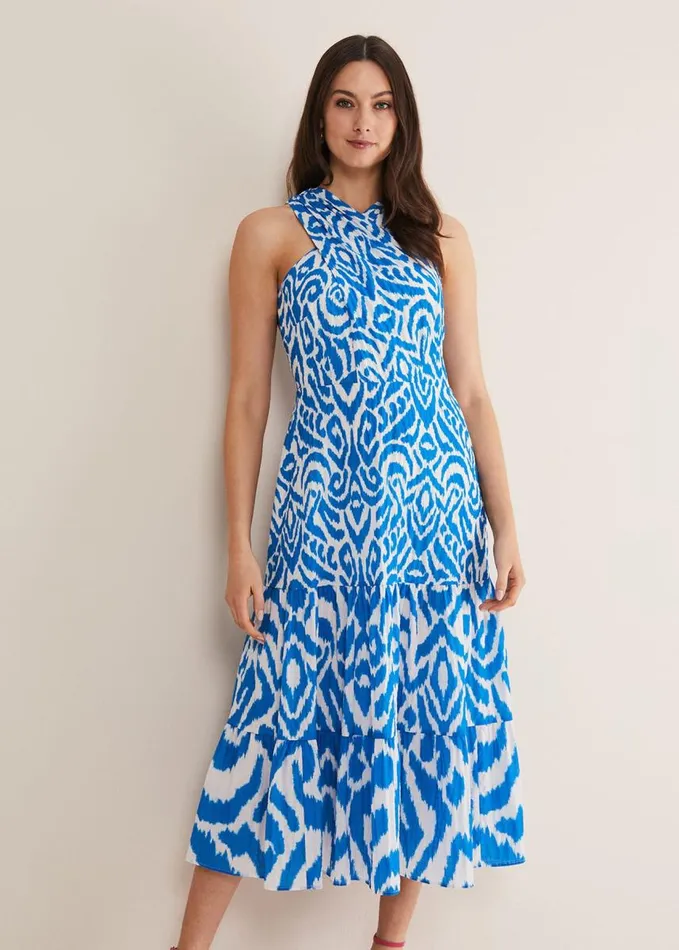 Phase Eight Bella Cross Neck Print Midi Dress Azure Bluecream Women Dresses