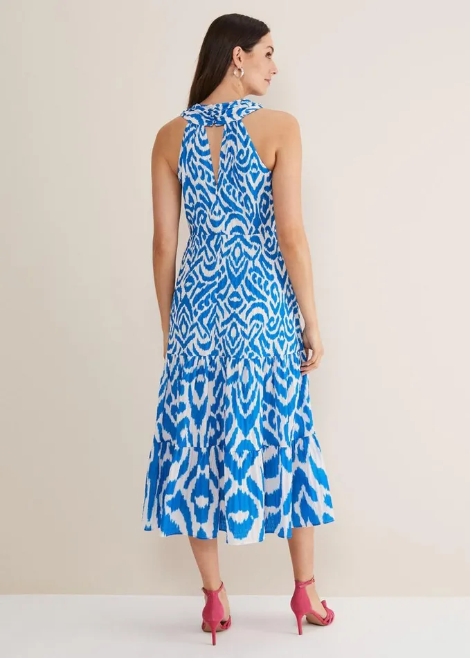 Phase Eight Bella Cross Neck Print Midi Dress Azure Bluecream Women Dresses