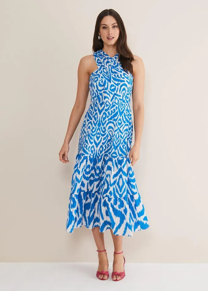 Phase Eight Bella Cross Neck Print Midi Dress Azure Bluecream Women Dresses