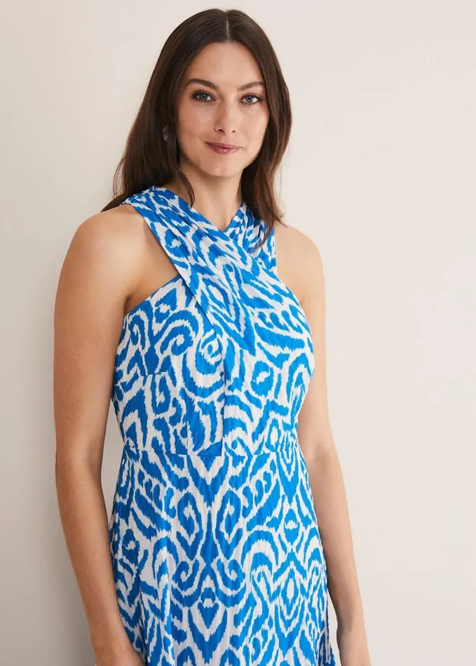 Phase Eight Bella Cross Neck Print Midi Dress Azure Bluecream Women Dresses