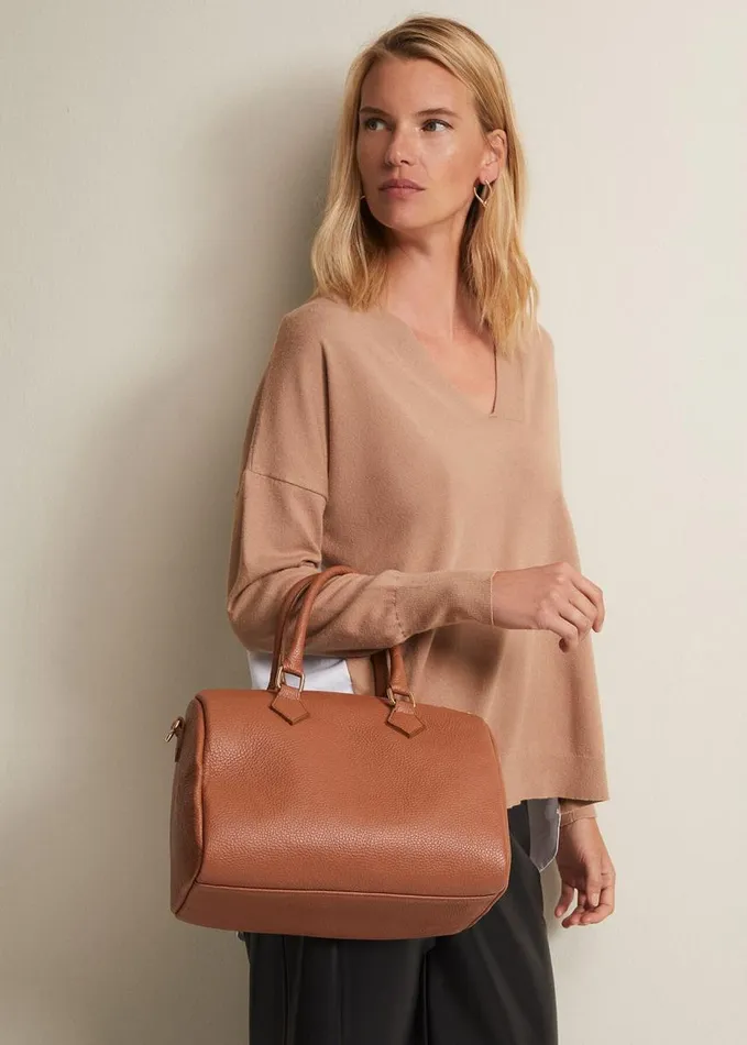 Phase Eight Brown Leather Bowling Bag Camel Women Bags and Clutches