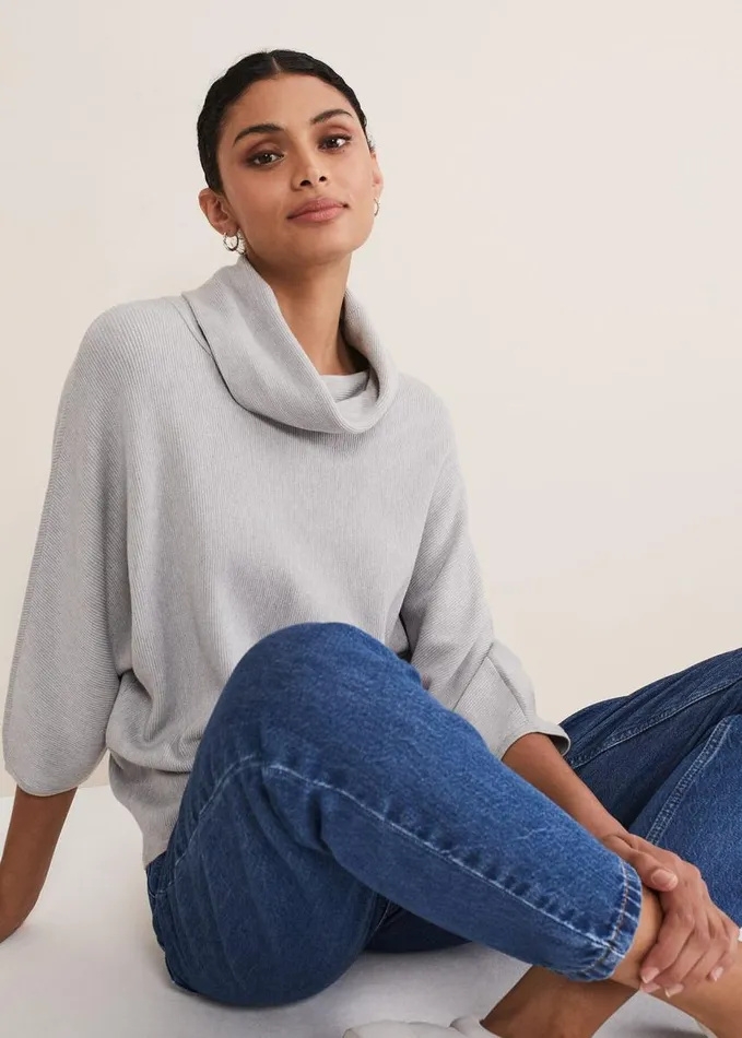 Phase Eight Camillan Cowl Neck Knit Jumper Pale Grey Women Knitwear