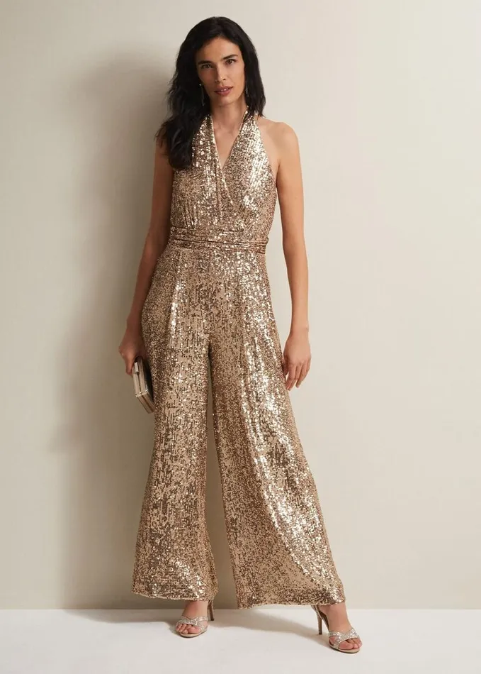 Phase Eight Clarabella Gold Sequin Halterneck Jumpsuit Gold Women Dresses