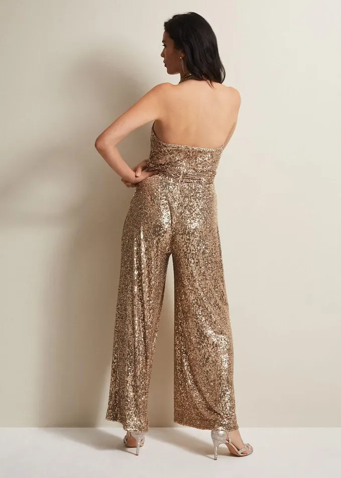 Phase Eight Clarabella Gold Sequin Halterneck Jumpsuit Gold Women Dresses