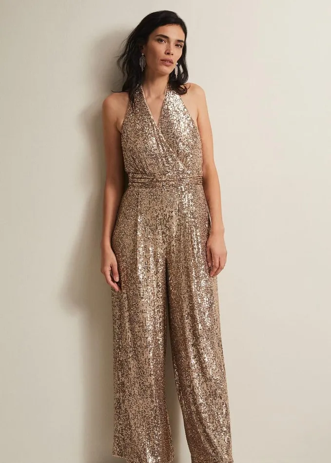 Phase Eight Clarabella Gold Sequin Halterneck Jumpsuit Gold Women Dresses
