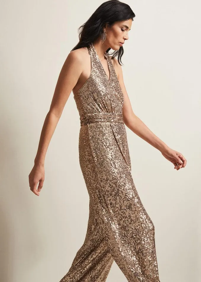 Phase Eight Clarabella Gold Sequin Halterneck Jumpsuit Gold Women Dresses