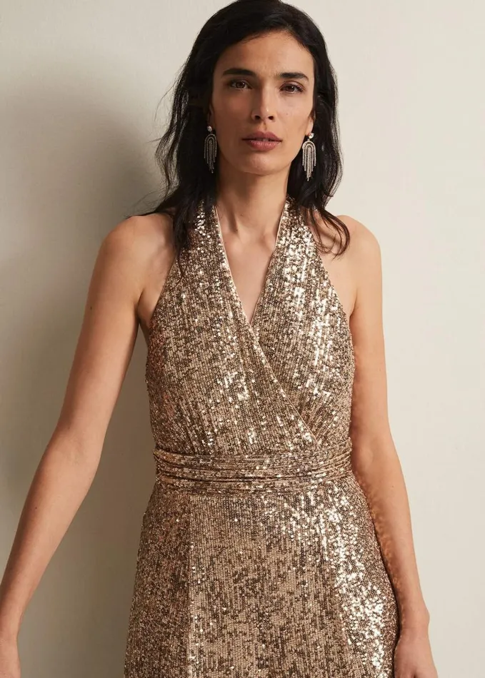 Phase Eight Clarabella Gold Sequin Halterneck Jumpsuit Gold Women Dresses