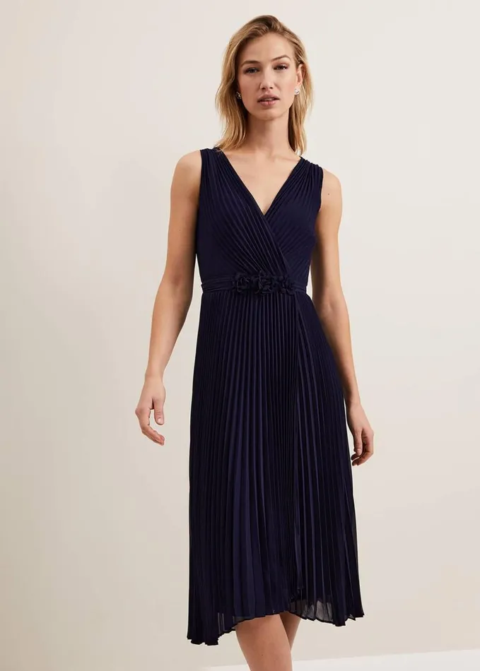 Phase Eight Cressida Pleated Midi Dress Navy Women Dresses