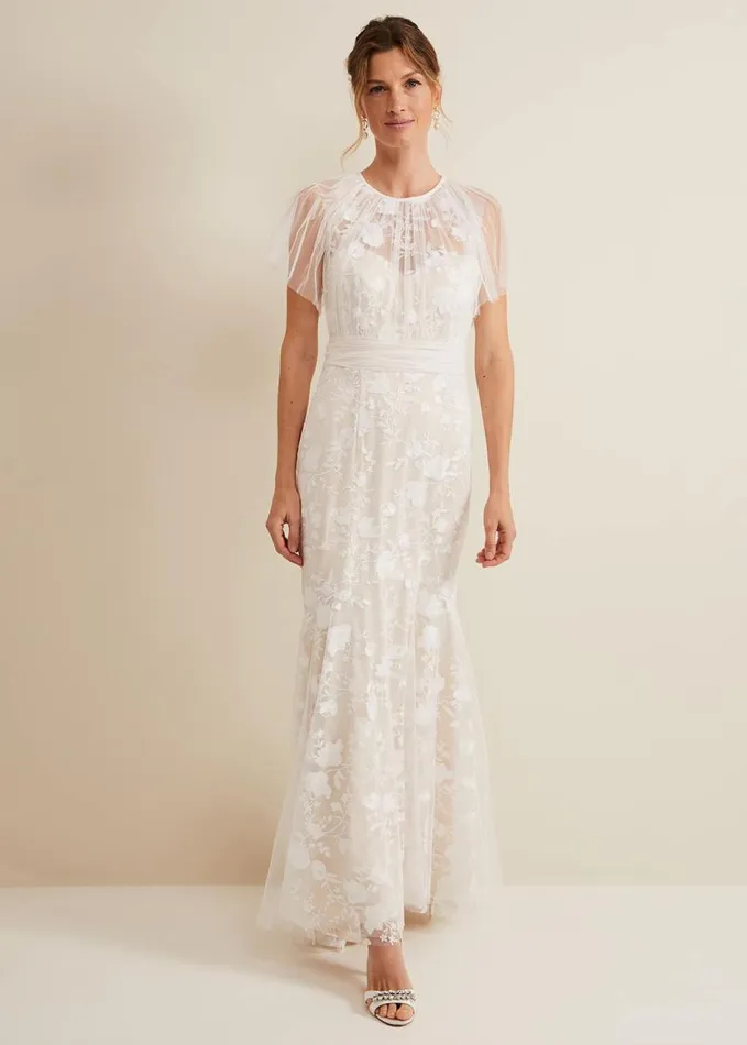 Phase Eight Delilah Mesh Embroidered Maxi Wedding Dress Parchment Women Dresses