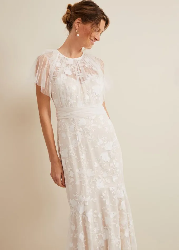 Phase Eight Delilah Mesh Embroidered Maxi Wedding Dress Parchment Women Dresses