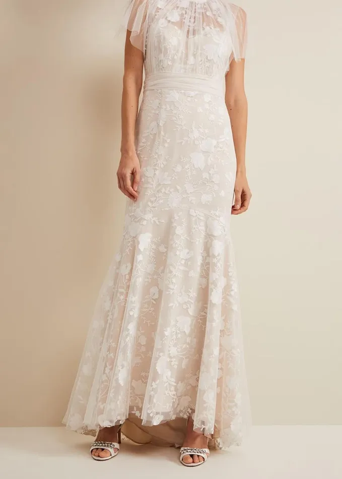 Phase Eight Delilah Mesh Embroidered Maxi Wedding Dress Parchment Women Dresses