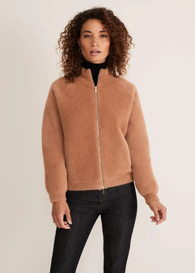 Phase Eight Dera Fluffy Bomber Jacket Camel Women Jackets