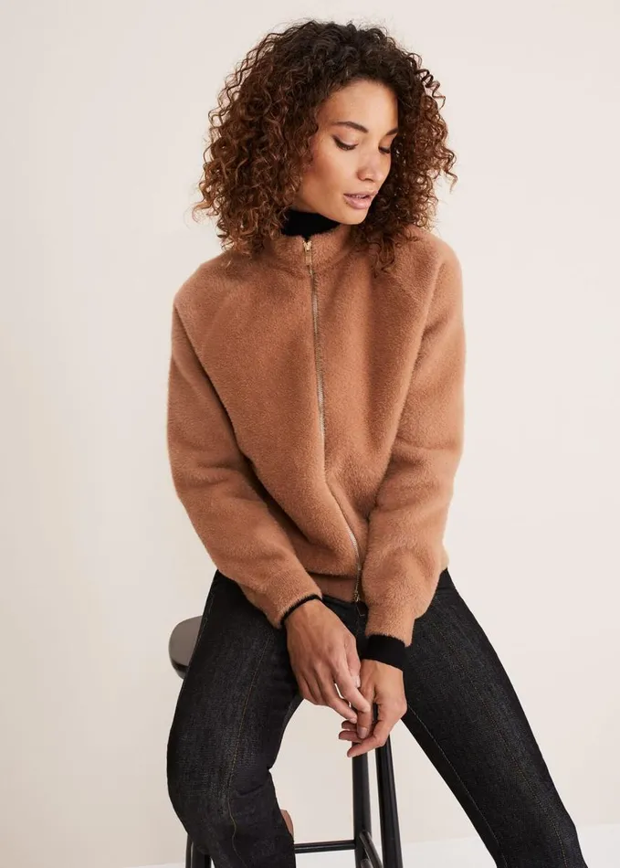 Phase Eight Dera Fluffy Bomber Jacket Camel Women Jackets
