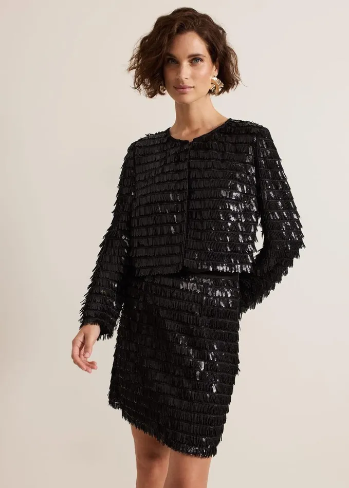Phase Eight Dolly Black Fringe Crop Jacket Black Women Jackets