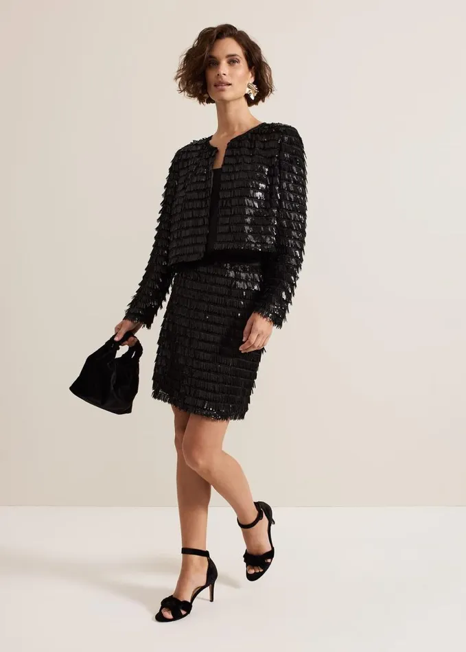 Phase Eight Dolly Black Fringe Crop Jacket Black Women Jackets