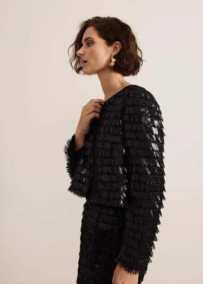Phase Eight Dolly Black Fringe Crop Jacket Black Women Jackets
