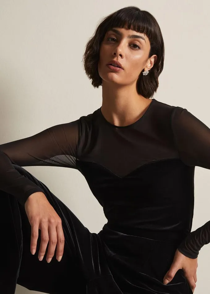 Phase Eight Elouise Velvet Mesh Top Black Women Tops and TShirts