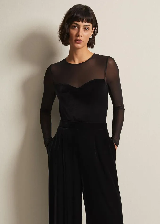 Phase Eight Elouise Velvet Mesh Top Black Women Tops and TShirts