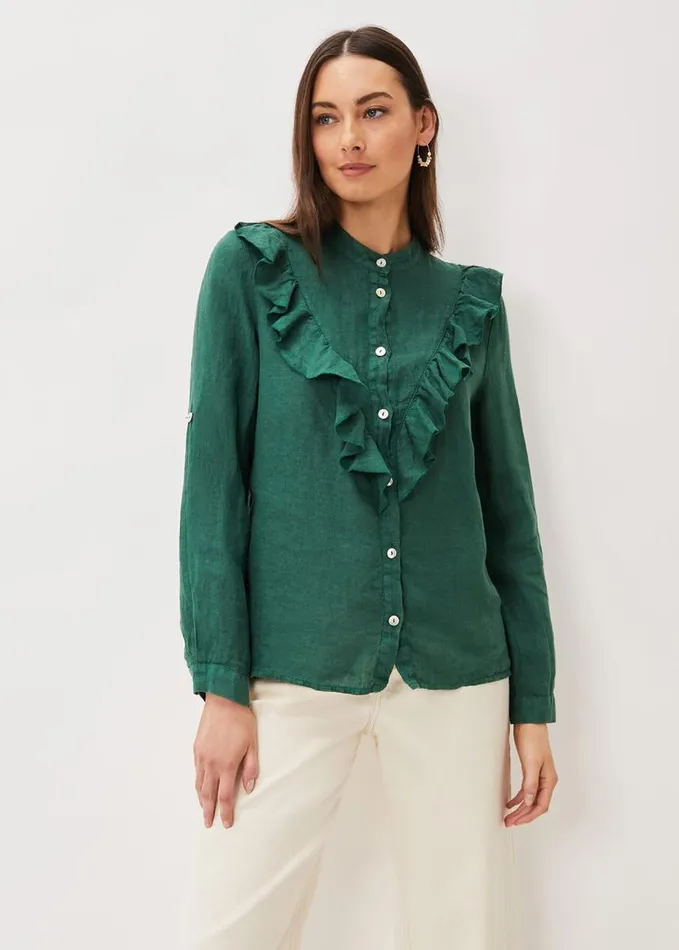 Phase Eight Enid Linen Frill Blouse Dark Green Women Shirts and Blouses