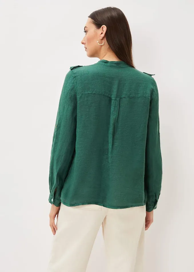 Phase Eight Enid Linen Frill Blouse Dark Green Women Shirts and Blouses