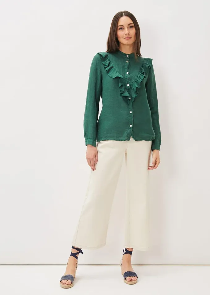Phase Eight Enid Linen Frill Blouse Dark Green Women Shirts and Blouses