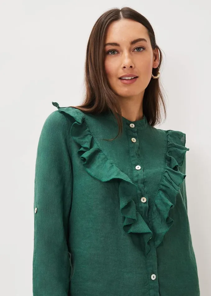 Phase Eight Enid Linen Frill Blouse Dark Green Women Shirts and Blouses