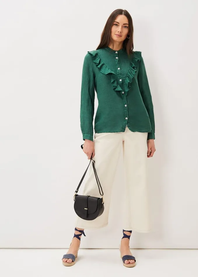 Phase Eight Enid Linen Frill Blouse Dark Green Women Shirts and Blouses