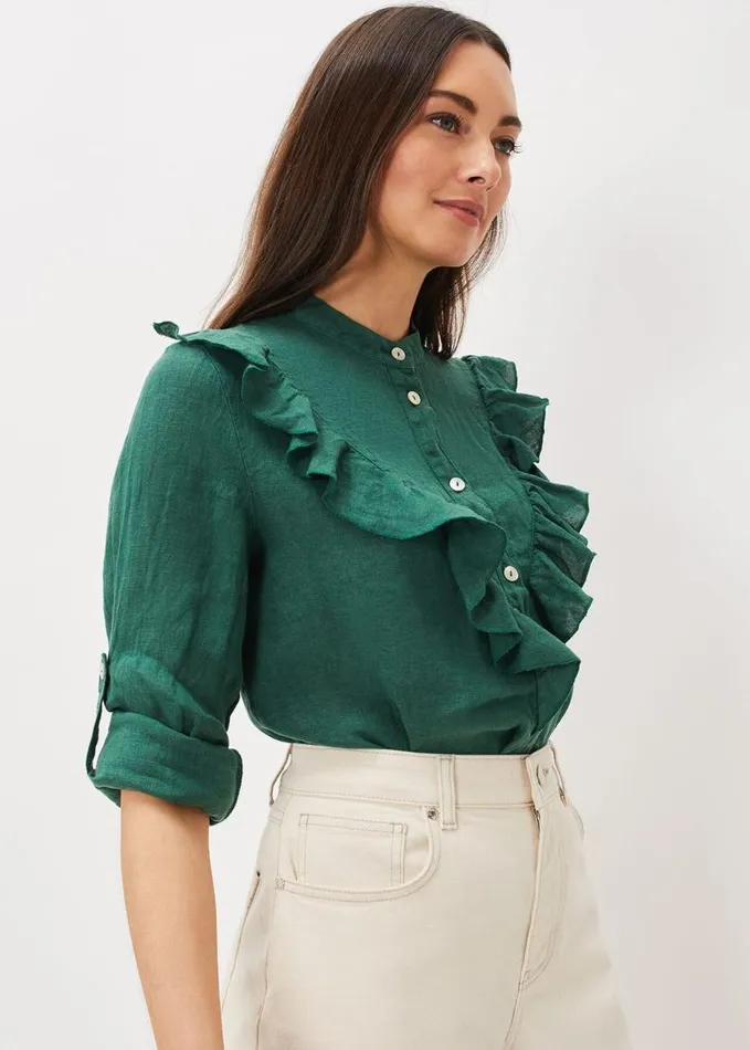 Phase Eight Enid Linen Frill Blouse Dark Green Women Shirts and Blouses