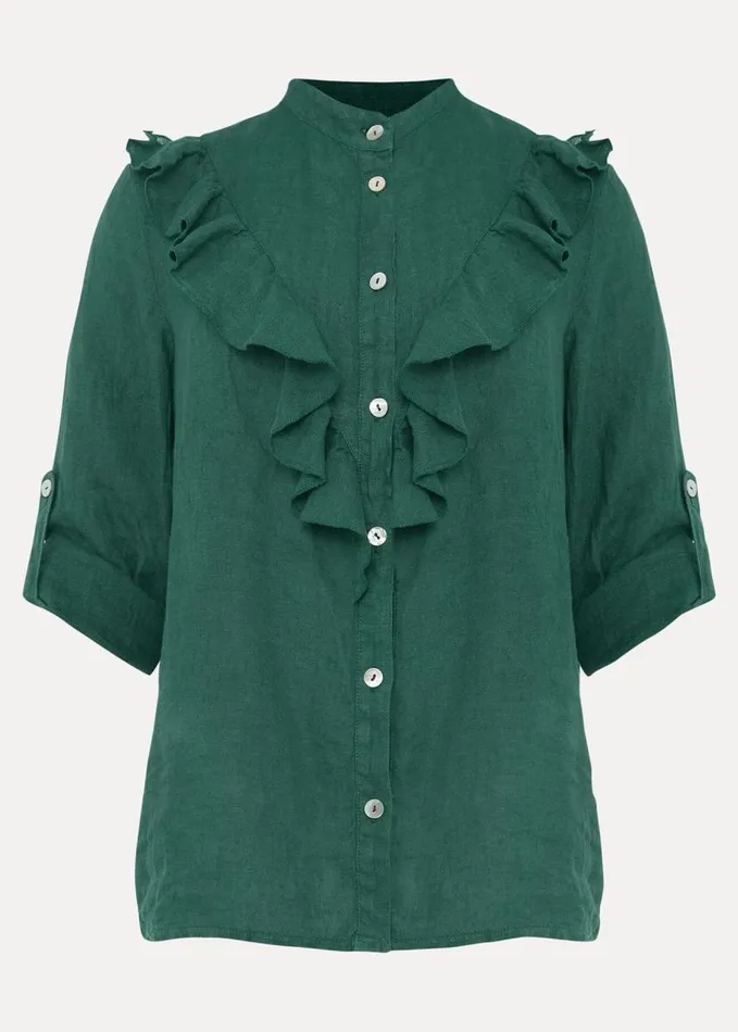 Phase Eight Enid Linen Frill Blouse Dark Green Women Shirts and Blouses
