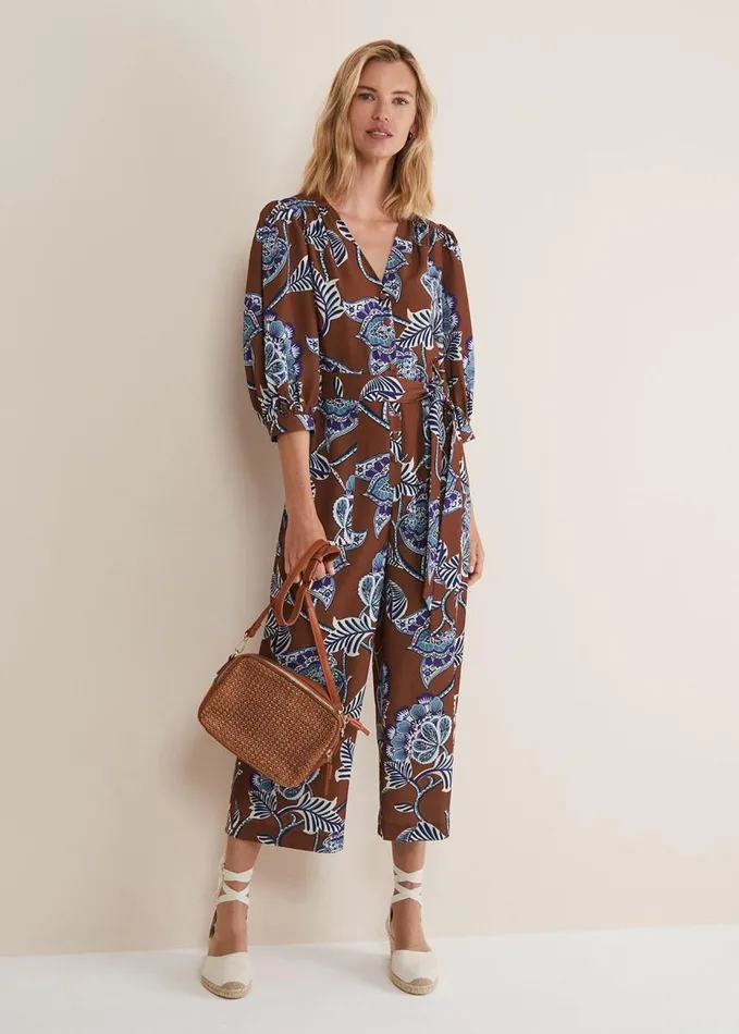 Phase Eight Erin Printed Cropped Leg Jumpsuit Orangeburgundy Women Dresses