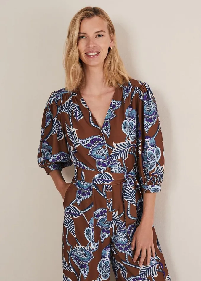 Phase Eight Erin Printed Cropped Leg Jumpsuit Orangeburgundy Women Dresses