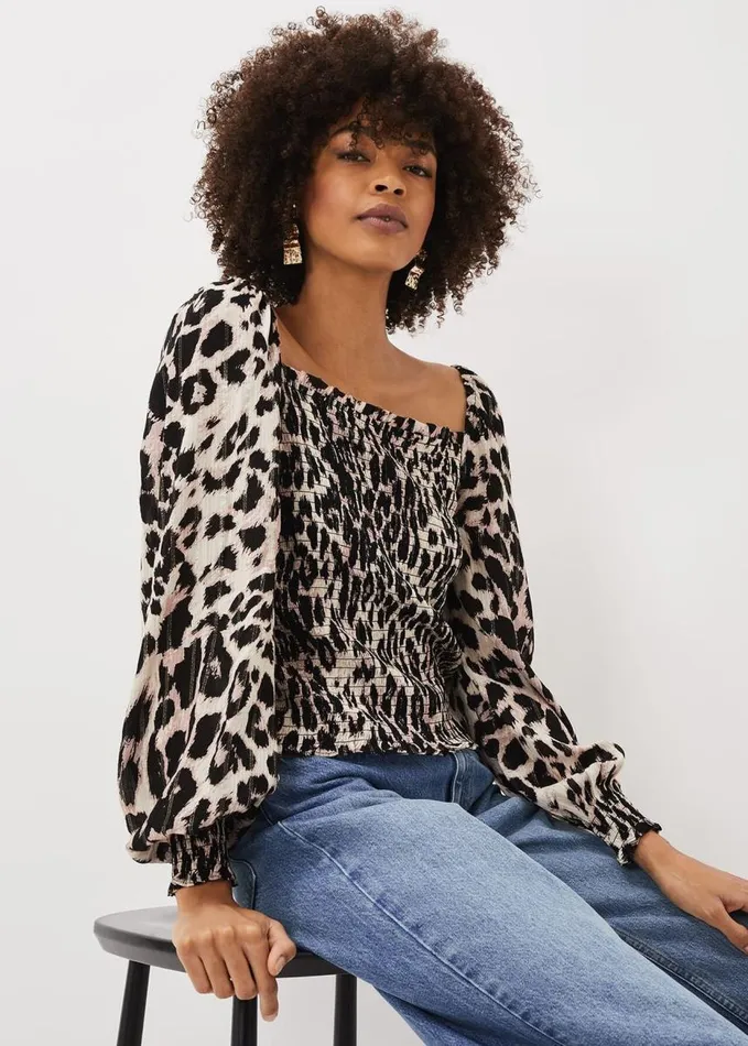 Phase Eight Esty Leopard Print Square Neck Blouse Ivory Multi Women Shirts and Blouses