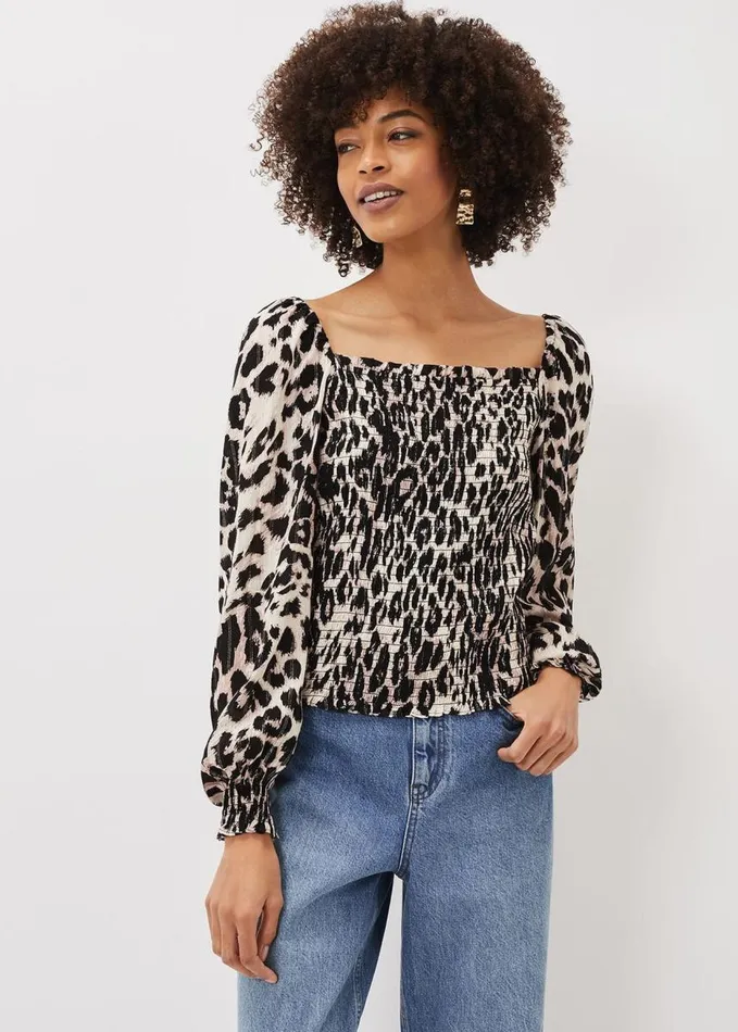 Phase Eight Esty Leopard Print Square Neck Blouse Ivory Multi Women Shirts and Blouses
