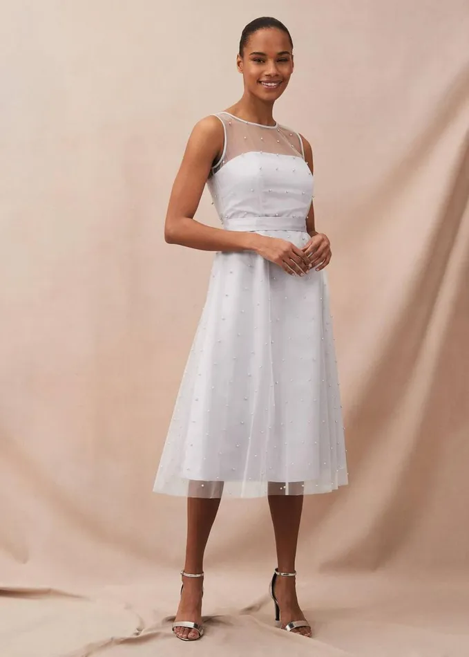 Phase Eight Evadine Pearl Embellished Tulle Dress Mineral Women Dresses