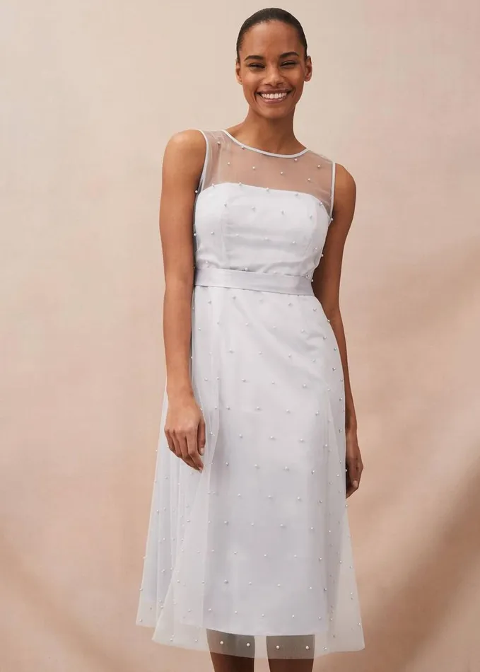 Phase Eight Evadine Pearl Embellished Tulle Dress Mineral Women Dresses