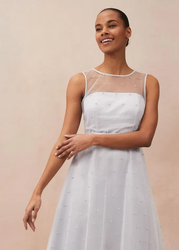 Phase Eight Evadine Pearl Embellished Tulle Dress Mineral Women Dresses